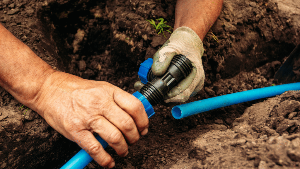 Hands connecting blue poly pipe using a black and blue compression fitting in soil trench